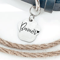 Thumbnail for Silver pawprint shaped pet tag joined to collar by two jump rings. Tag has a heart and your animal name engraved on it.
